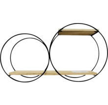 Wandrek met twee ronde metalen frames en twee houten planken