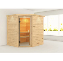 Hoeksauna met glazen deur en houten bekleding