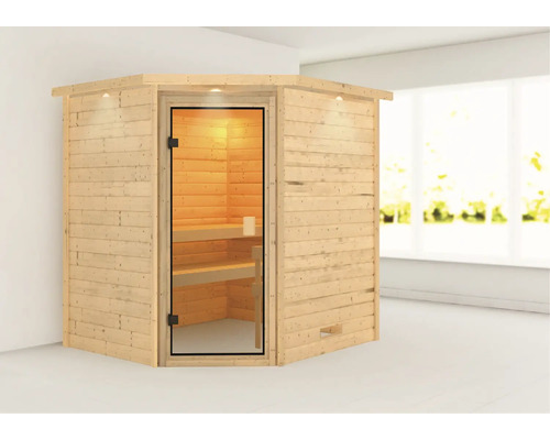 Hoeksauna met glazen deur en houten bekleding