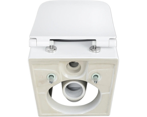 Gedetailleerd overzicht van een wit toilet met toiletdeksel van onderen