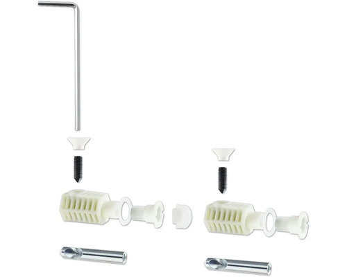 Explosietekening van een bevestigingsset met plug, schroef, afdichtring, boor en inbussleutel