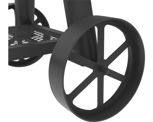 Detailopname van grillwielen en opbergrooster.