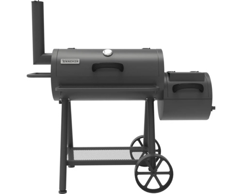 Tenneker Logo op een houtskoolbarbecue met rookoven