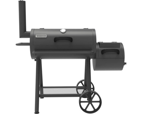 Tenneker Logo op een houtskoolbarbecue met rookoven