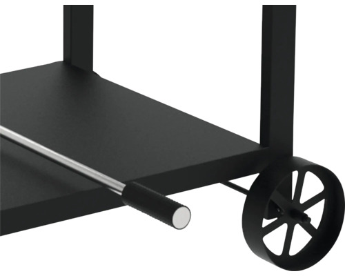 Detailaanzicht van een barbecuekar met opbergruimte en wielen