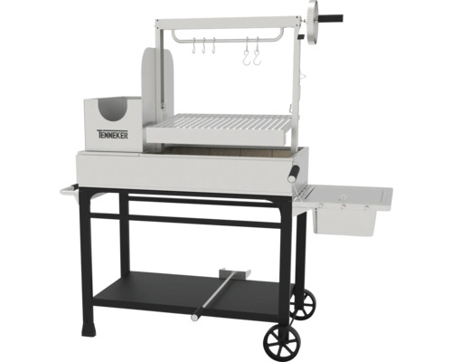 Tenneker houtskoolbarbecue op wielen met opbergruimte en grillrooster.