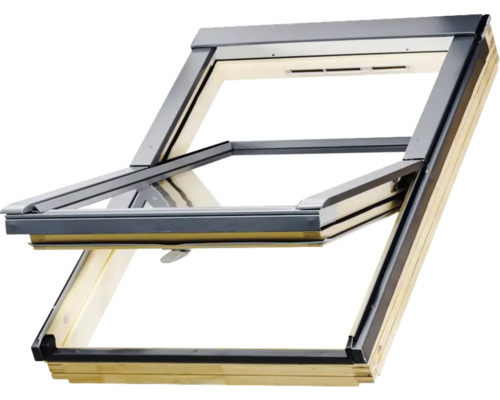 Geopend dakraam met houten frame
