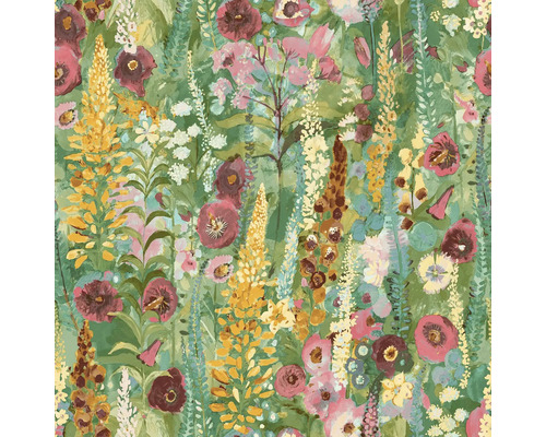GRANDECO Vliesbehang A74601 Delphinium Forest bloemen groen Behang met bloemenpatroon op een groene achtergrond