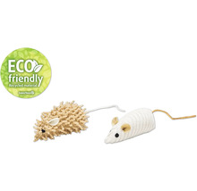 "Twee kattenspeeltjes in de vorm van een muis en een ""Milieuvriendelijk"" zegel"