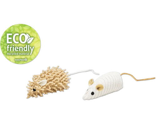 "Twee kattenspeeltjes in de vorm van een muis en een ""Milieuvriendelijk"" zegel"