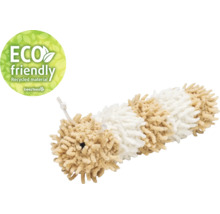 Beige-witte kattenspeeltunnel met label gerecycled materiaal