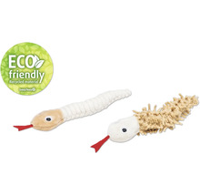 Twee slangenspeeltjes van stof, waarvan één gemaakt is van gerecycled materiaal. Beetztees logo.