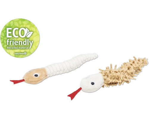 Twee slangenspeeltjes van stof, waarvan één gemaakt is van gerecycled materiaal. Beetztees logo.