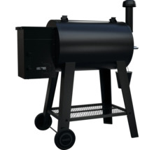 Zwarte pelletgrill met wielonderstel en opbergrek