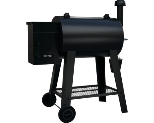 Zwarte pelletgrill met wielonderstel en opbergrek