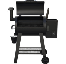 Zwarte pelletgrill met open deksel en wielen