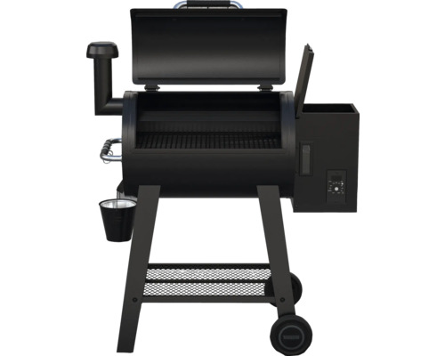 Zwarte pelletgrill met open deksel en wielen