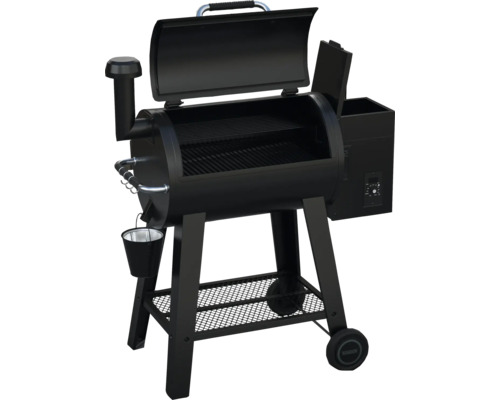 Zwarte pelletgrill met opbergrek en wielen