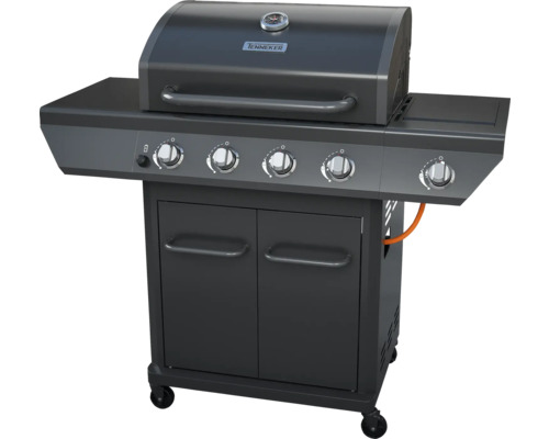 Tenekker gasbarbecue met vier branders, onderkast en temperatuurweergave