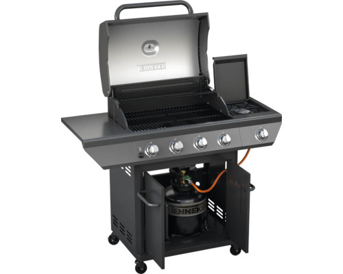 Gasbarbecue met vier branders, zijbrander, warmhoudrek en onderkast