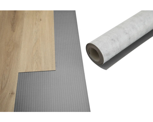 FLEXXFLOORS Zelfklevende ondervloer voor dryback PVC 6,5 m² Afbeelding van een plank, een isolerende onderlaag en een rol onderlaag.