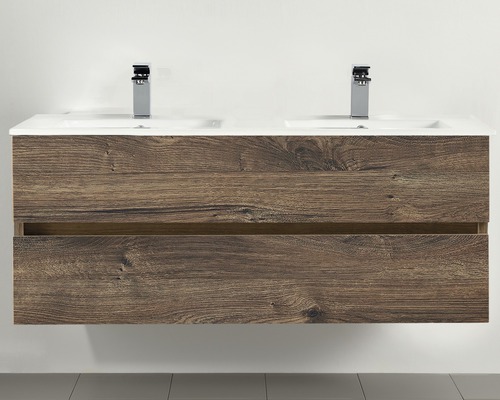 Wastafelmeubel met twee wastafels en houtlook