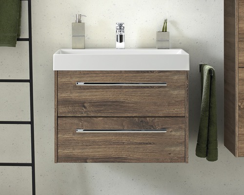Wastafelonderkast met twee laden, houtlook en rechthoekige wastafel