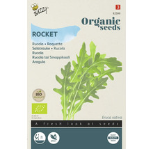 Buzzy Rocket biologische zaadverpakking met rucola illustratie