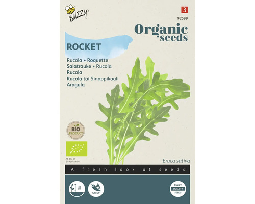 Buzzy Rocket biologische zaadverpakking met rucola illustratie