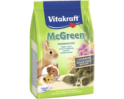 Verpakking van Vitakraft McGreen knaagsticks voor alle knaagdieren met vitaminen en suikervrije recept