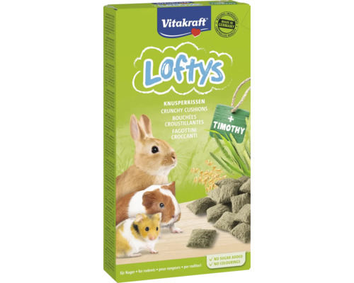 Vitakraft Lofty''s Crunchy Cushions knaagdierensnack verpakking met konijn, cavia en hamster