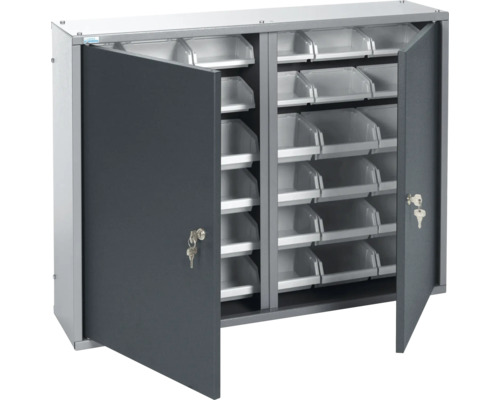 Open kast met vleugeldeuren, planken en transparante bakken voor werkplaatsbenodigdheden