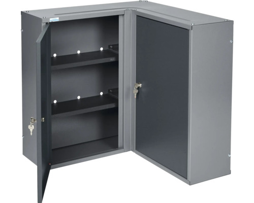 Grijze hoekgereedschapskast met twee deuren, open en met sleutel