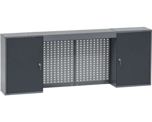 Grijze metalen garderobebanksysteem met afsluitbare kasten