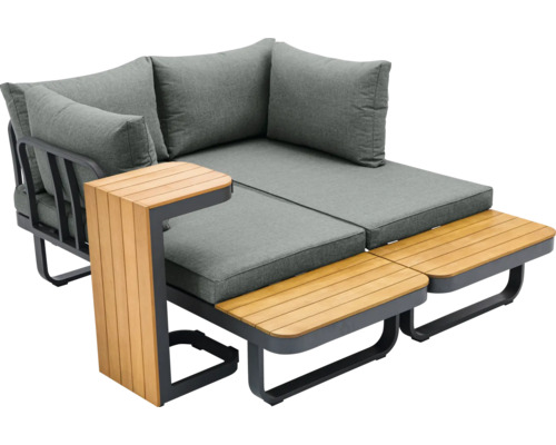 Tuin lounge set met grijze kussens en houten bijzettafel