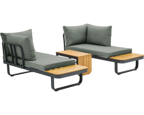 Twee tuinligbedden met grijze kussens en houten opbergvakken