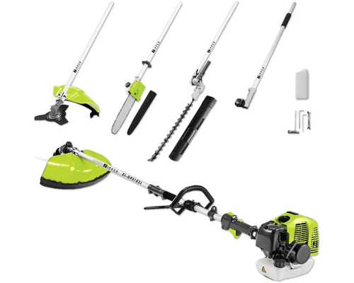 Zipper multifunctioneel apparaat met accessoires zoals een grastrimmer, kettingzaag, heggenschaar en kantensnijder