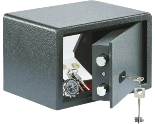 Geopende kluis met sleutels, munten en een polshorloge