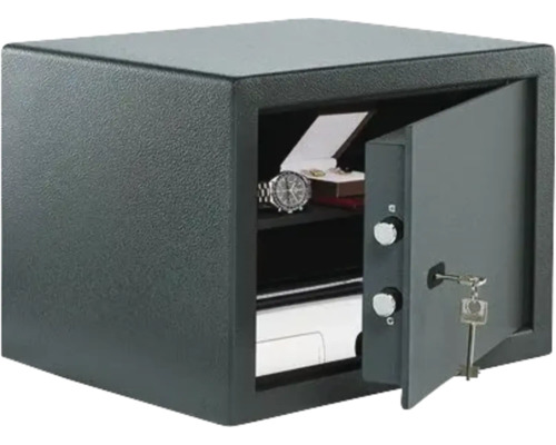 Geopende meubelkluis met sleutel en waardevolle spullen