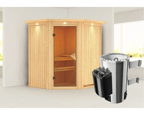 Houten hoeksauna met kachel