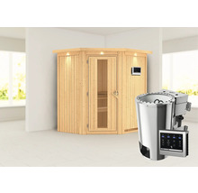 Interieurafbeelding met een houten sauna en een saunakachel met bedieningspaneel