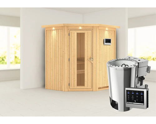 Interieurafbeelding met een houten sauna en een saunakachel met bedieningspaneel