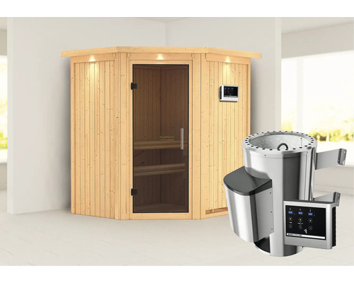 Houten sauna met glazen deur en saunakachel met bediening