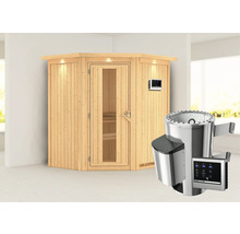 Sauna met glazen deur, bediening en saunakachel