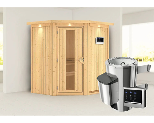 Sauna met glazen deur, bediening en saunakachel