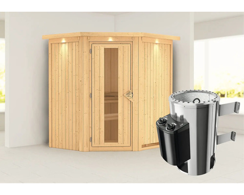 Houten hoeksauna met saunakachel