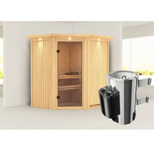 Houten sauna met kachel in een lichte ruimte.