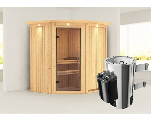 Houten sauna met kachel in een lichte ruimte.