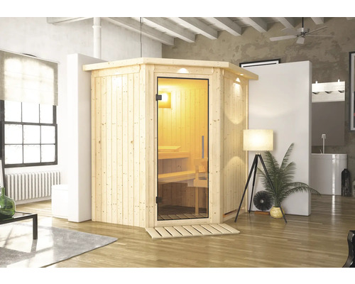 Houten binnensauna met glazen deur in een lichte ruimte