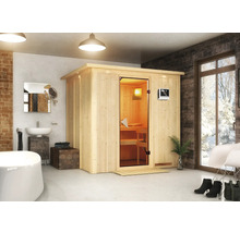 Moderne badkamerscène met houten sauna, wastafel en bad voor wellness en ontspanning